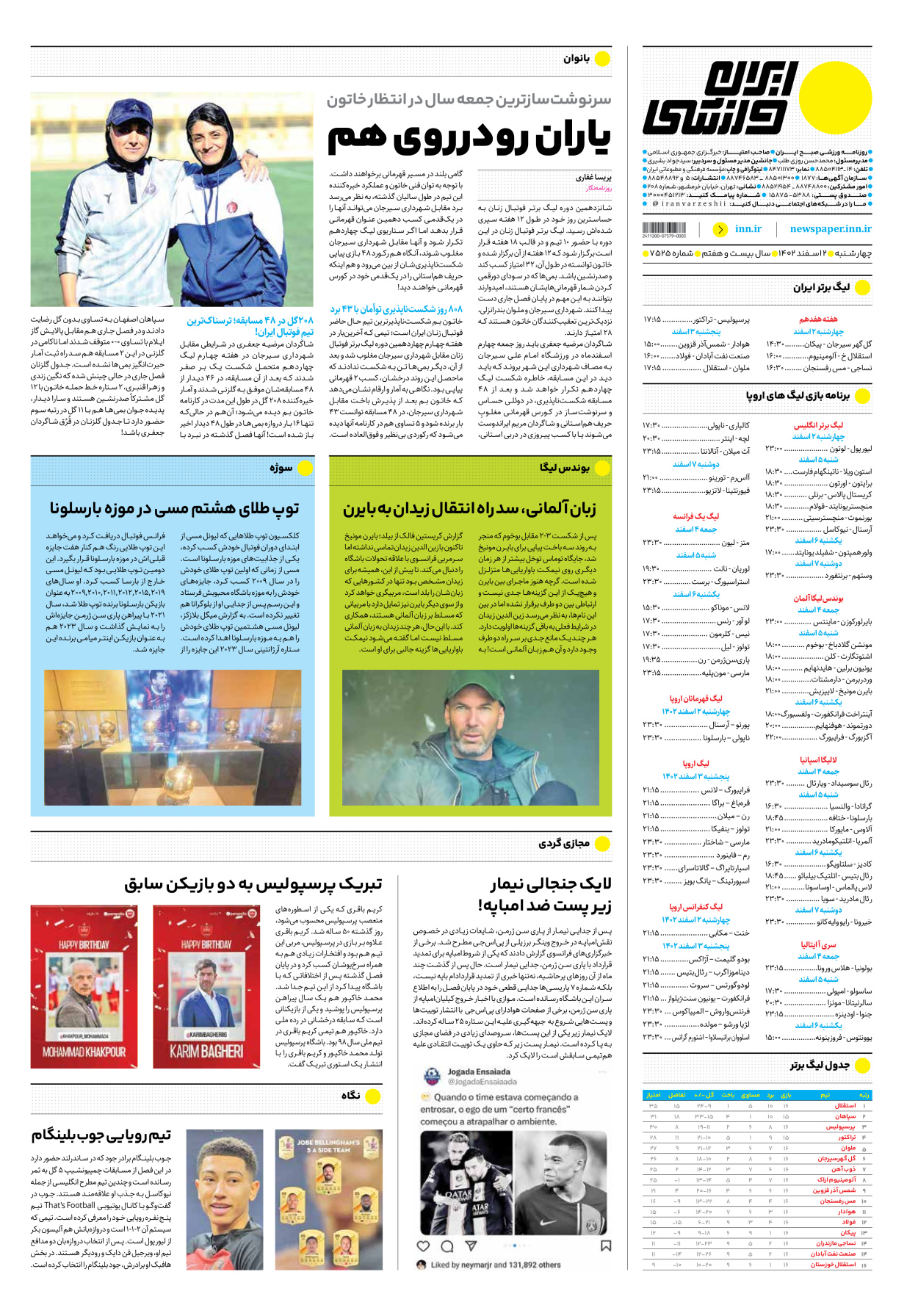 روزنامه ایران ورزشی - شماره هفت هزار و پانصد و بیست و پنج - ۰۲ اسفند ۱۴۰۲ - صفحه ۱۲