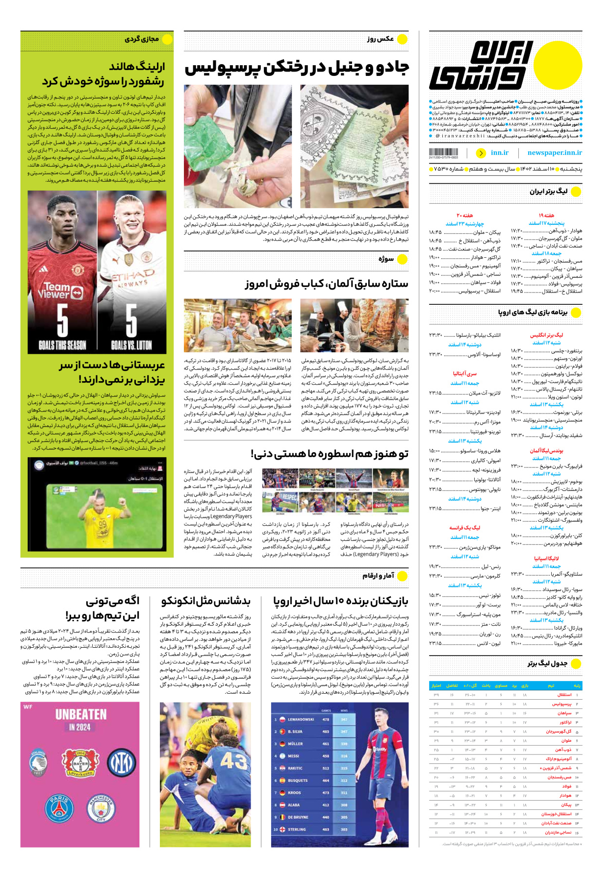روزنامه ایران ورزشی - شماره هفت هزار و پانصد و سی - ۱۰ اسفند ۱۴۰۲ - صفحه ۱۲