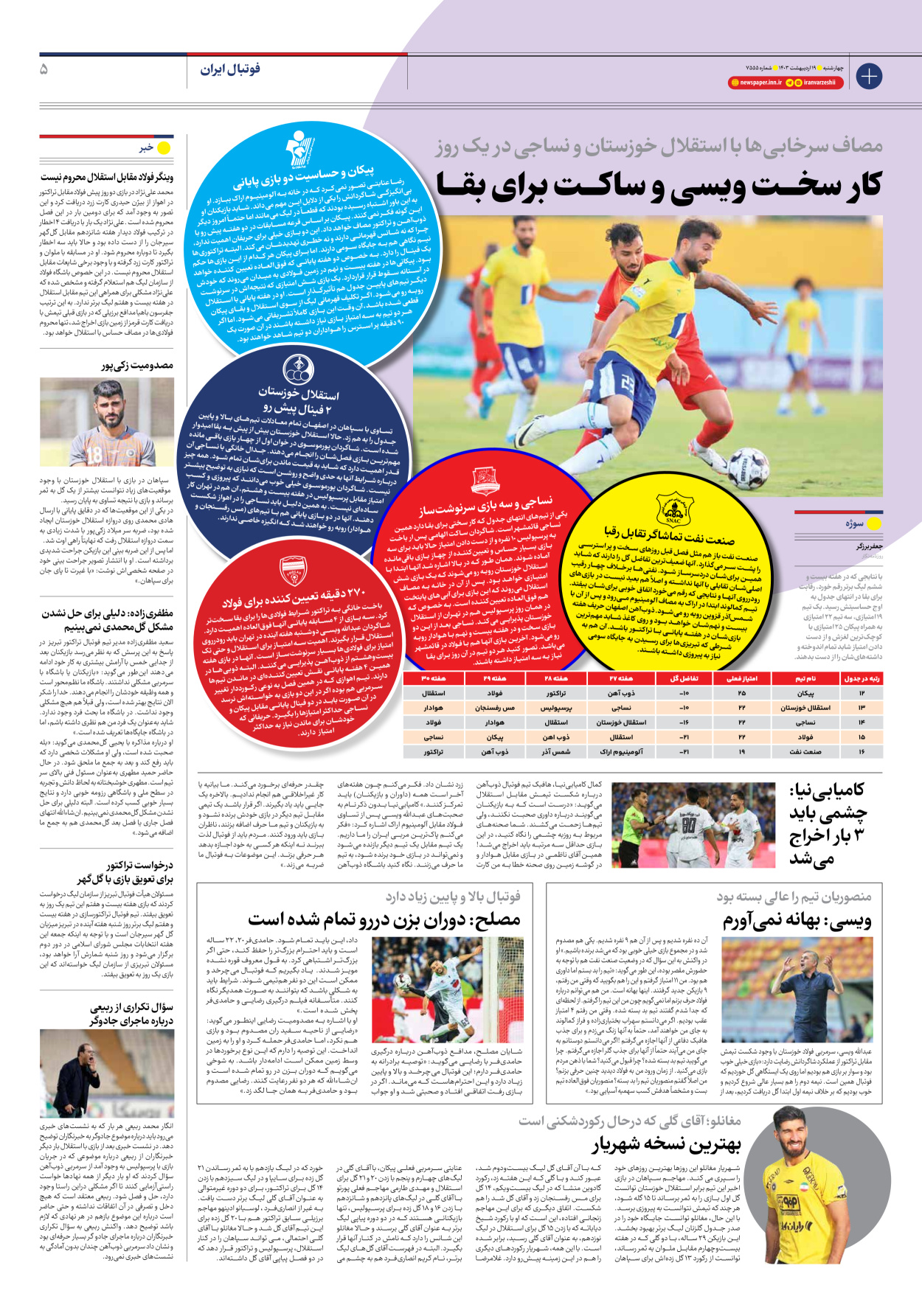 روزنامه ایران ورزشی - شماره هفت هزار و پانصد و پنجاه و چهار - ۱۹ اردیبهشت ۱۴۰۳ - صفحه ۵