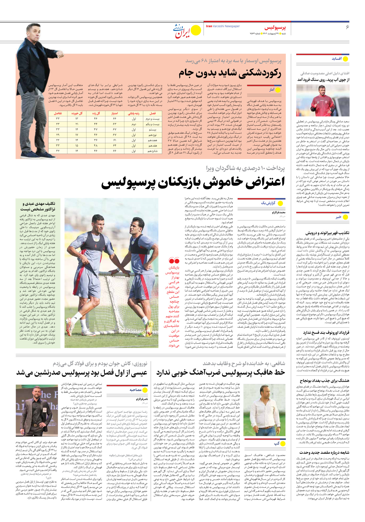 روزنامه ایران ورزشی - شماره هفت هزار و پانصد و شصت و سه - ۲۹ اردیبهشت ۱۴۰۳ - صفحه ۶