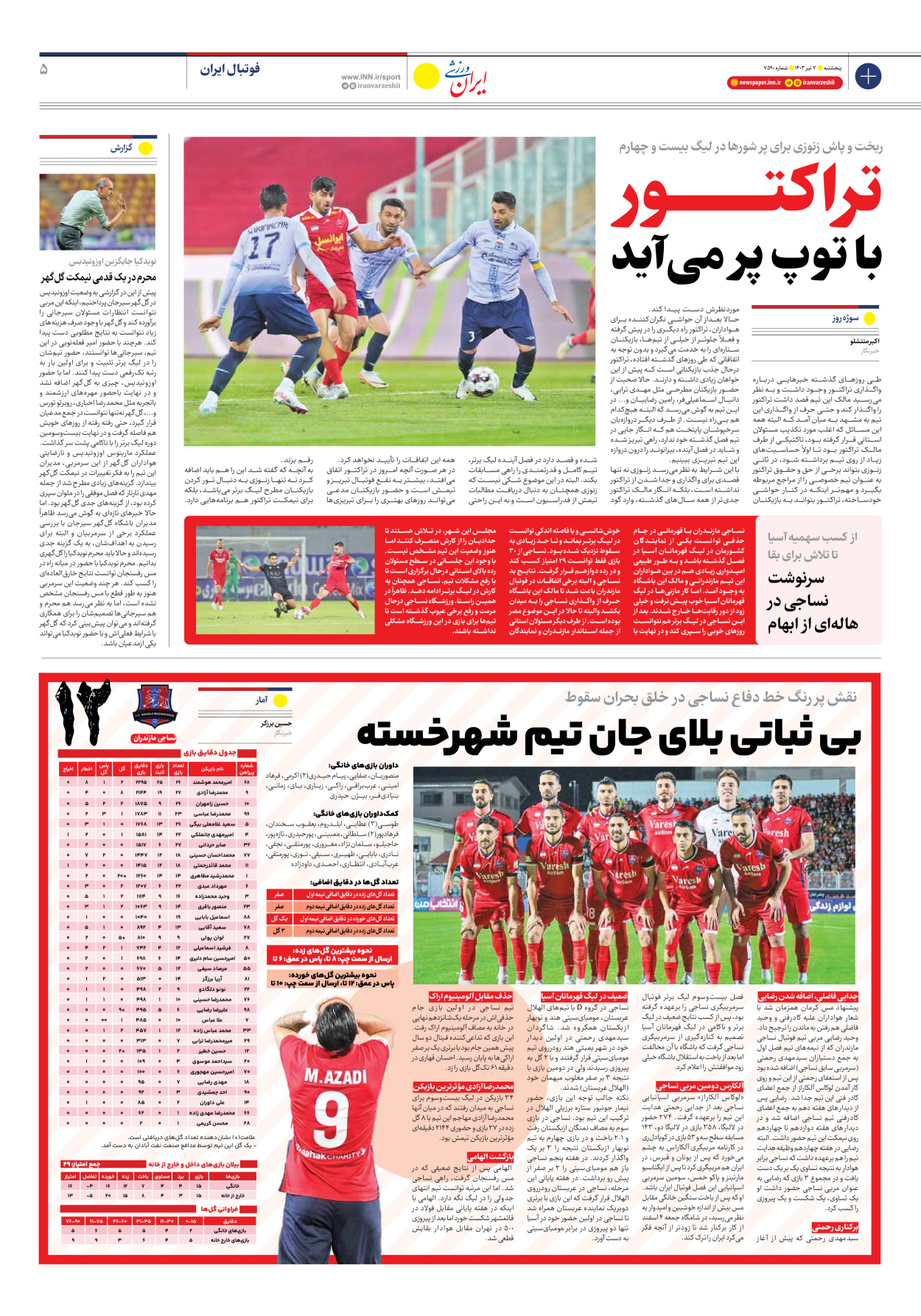روزنامه ایران ورزشی - شماره هفت هزار و پانصد و نود - ۰۷ تیر ۱۴۰۳ - صفحه ۵