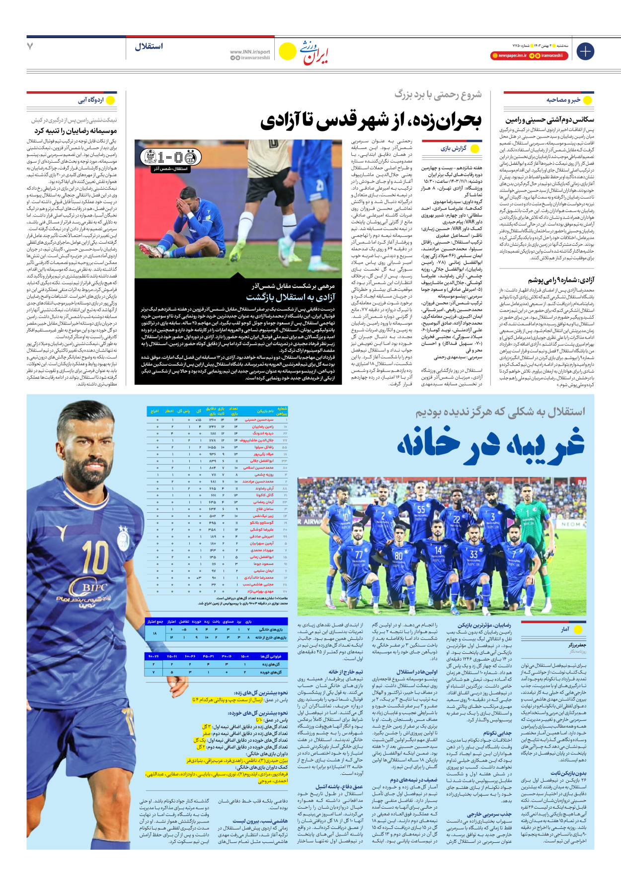 روزنامه ایران ورزشی - شماره هفت هزار و هفتصد و پنجاه - ۰۲ بهمن ۱۴۰۳ - صفحه ۷