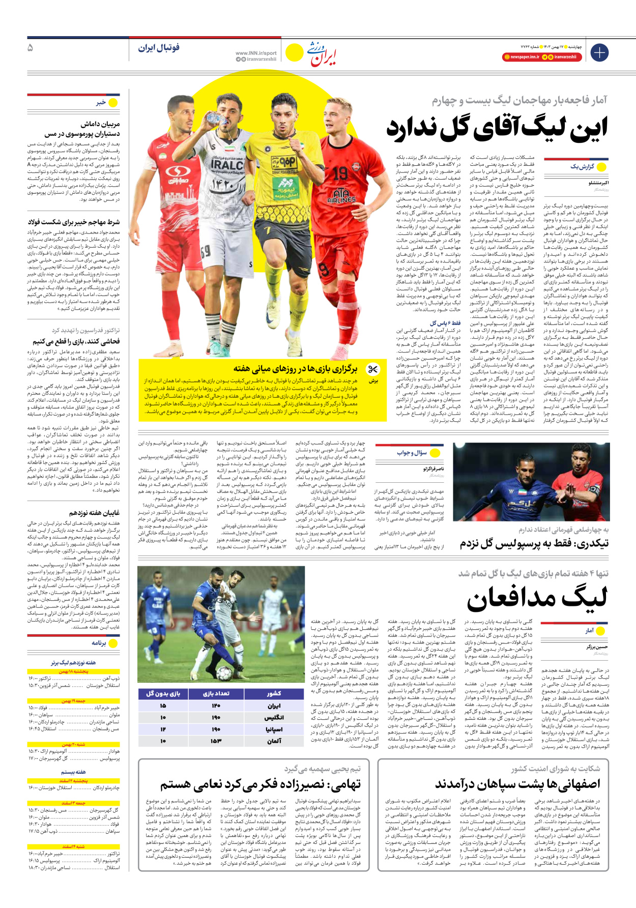 روزنامه ایران ورزشی - شماره هفت هزار و هفتصد و شصت و دو - ۱۷ بهمن ۱۴۰۳ - صفحه ۵