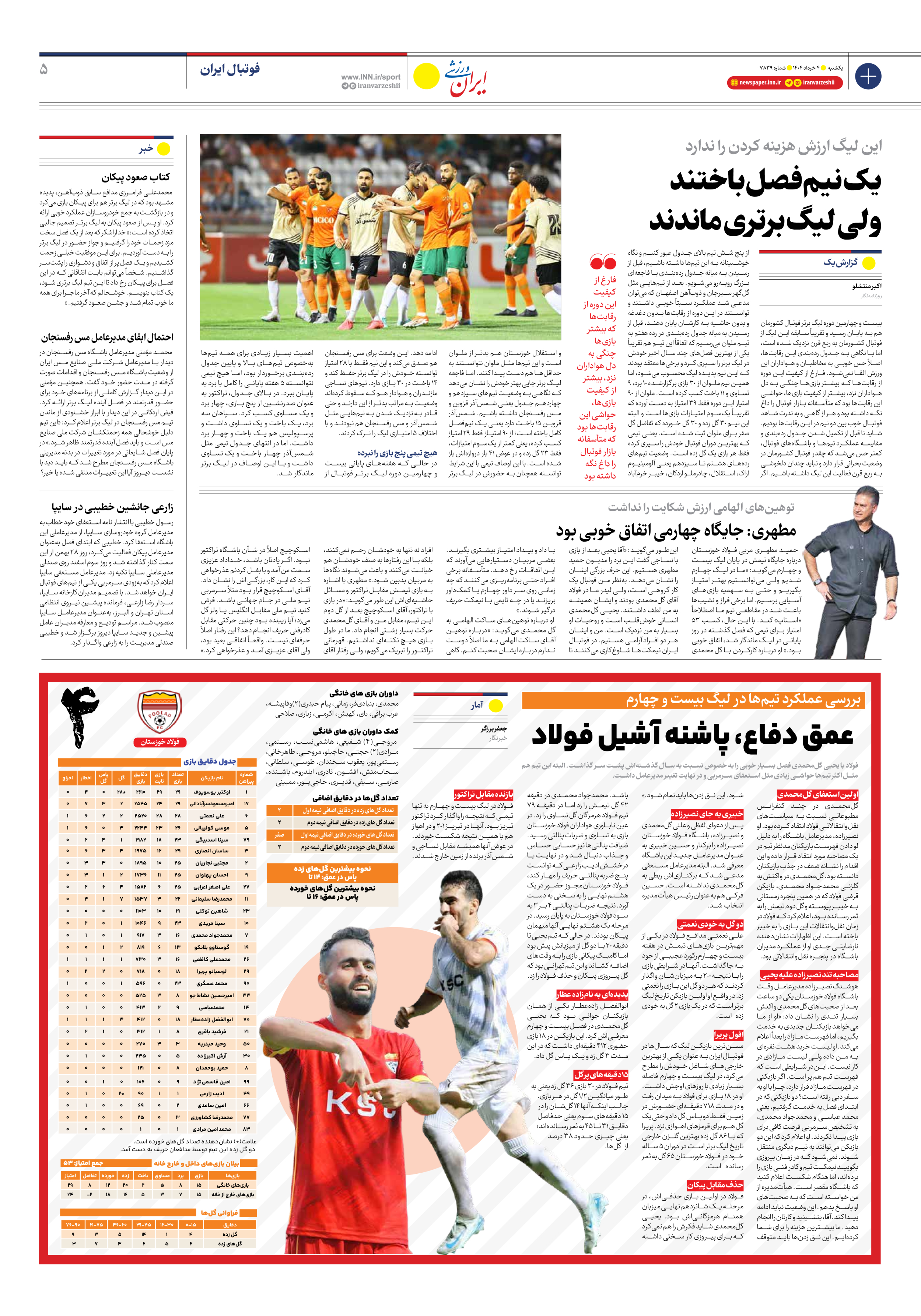روزنامه ایران ورزشی - شماره هفت هزار و هشتصد و سی و نه - ۰۴ خرداد ۱۴۰۴ - صفحه ۵