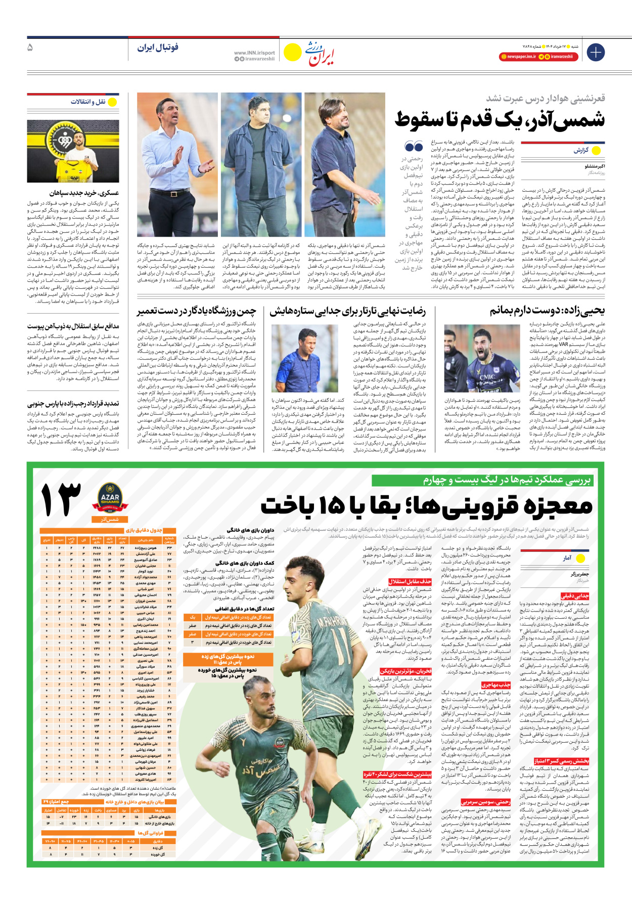روزنامه ایران ورزشی - شماره هفت هزار و هشتصد و چهل و هشت - ۱۷ خرداد ۱۴۰۴ - صفحه ۵