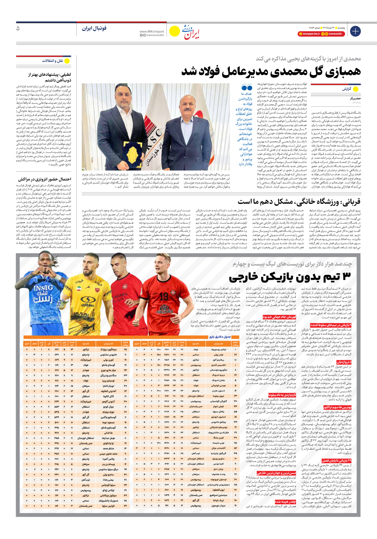 روزنامه ایران ورزشی - شماره هفت هزار و هشتصد و پنجاه و سه - ۲۲ خرداد ۱۴۰۴ - صفحه ۵