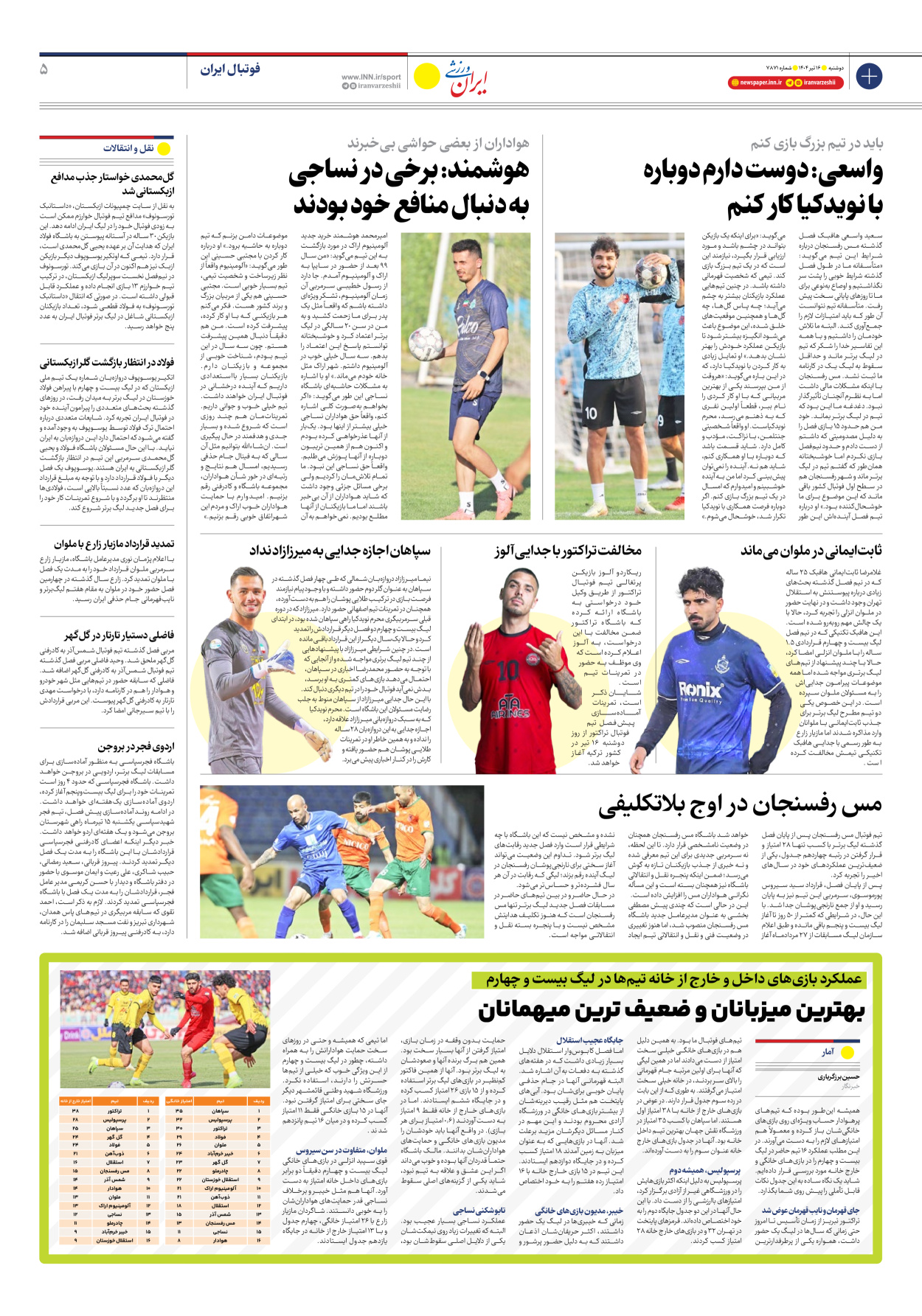 روزنامه ایران ورزشی - شماره هفت هزار و هشتصد و هفتاد و یک - ۱۶ تیر ۱۴۰۴ - صفحه ۵