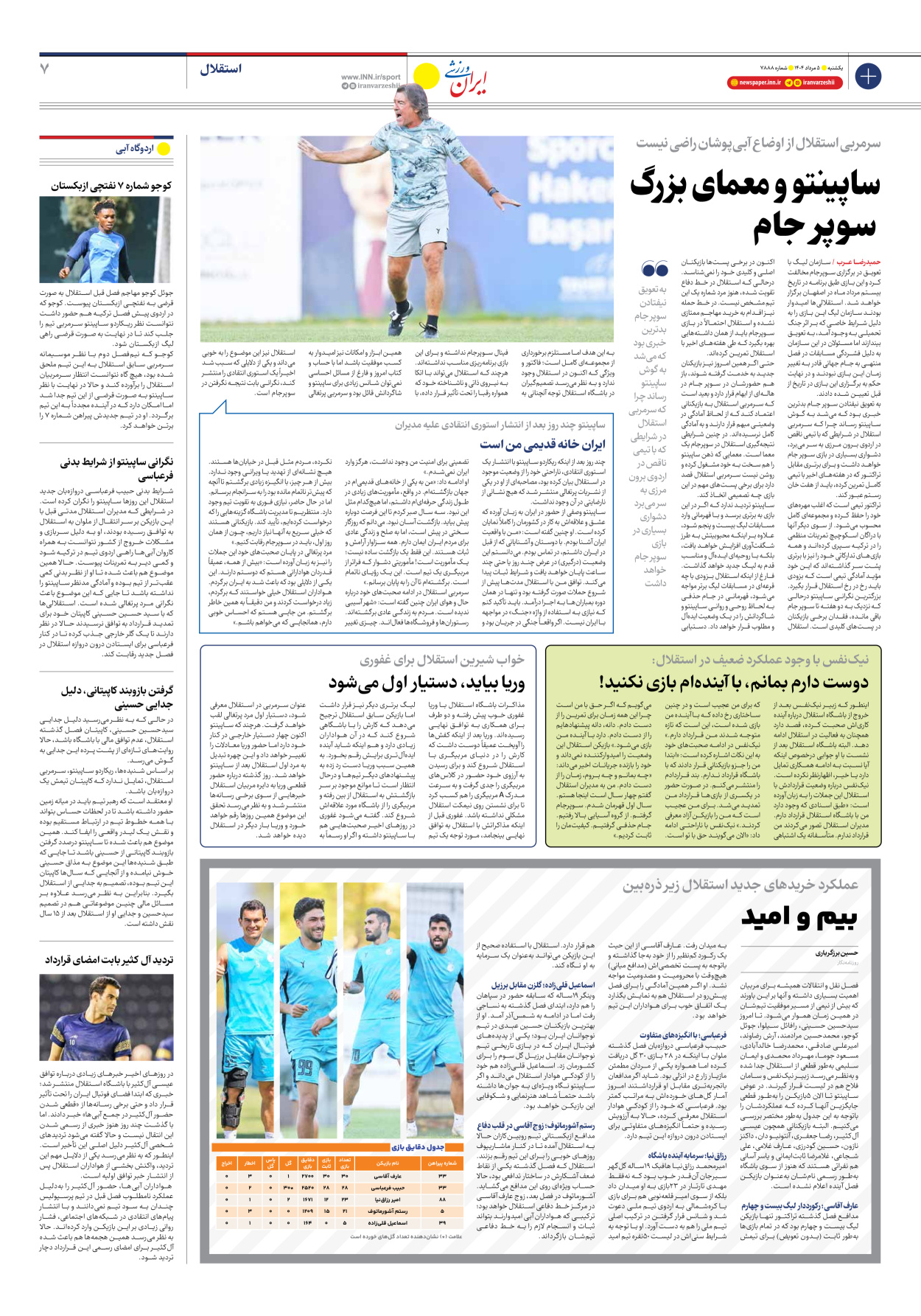روزنامه ایران ورزشی - شماره هفت هزار و هشتصد و هشتاد و هشت - ۰۵ مرداد ۱۴۰۴ - صفحه ۷