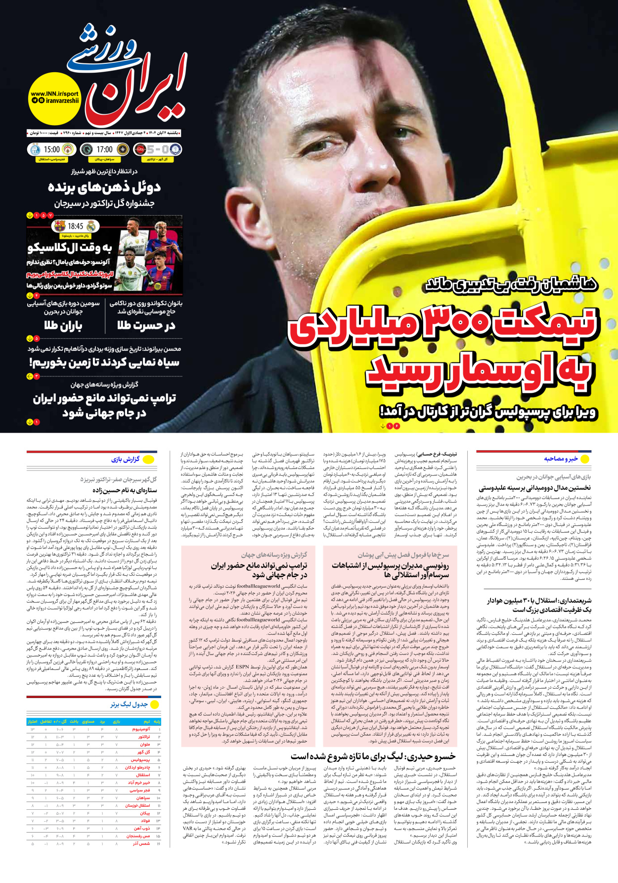 روزنامه ایران ورزشی - شماره هفت هزار و نهصد و شصت - ۰۴ آبان ۱۴۰۴