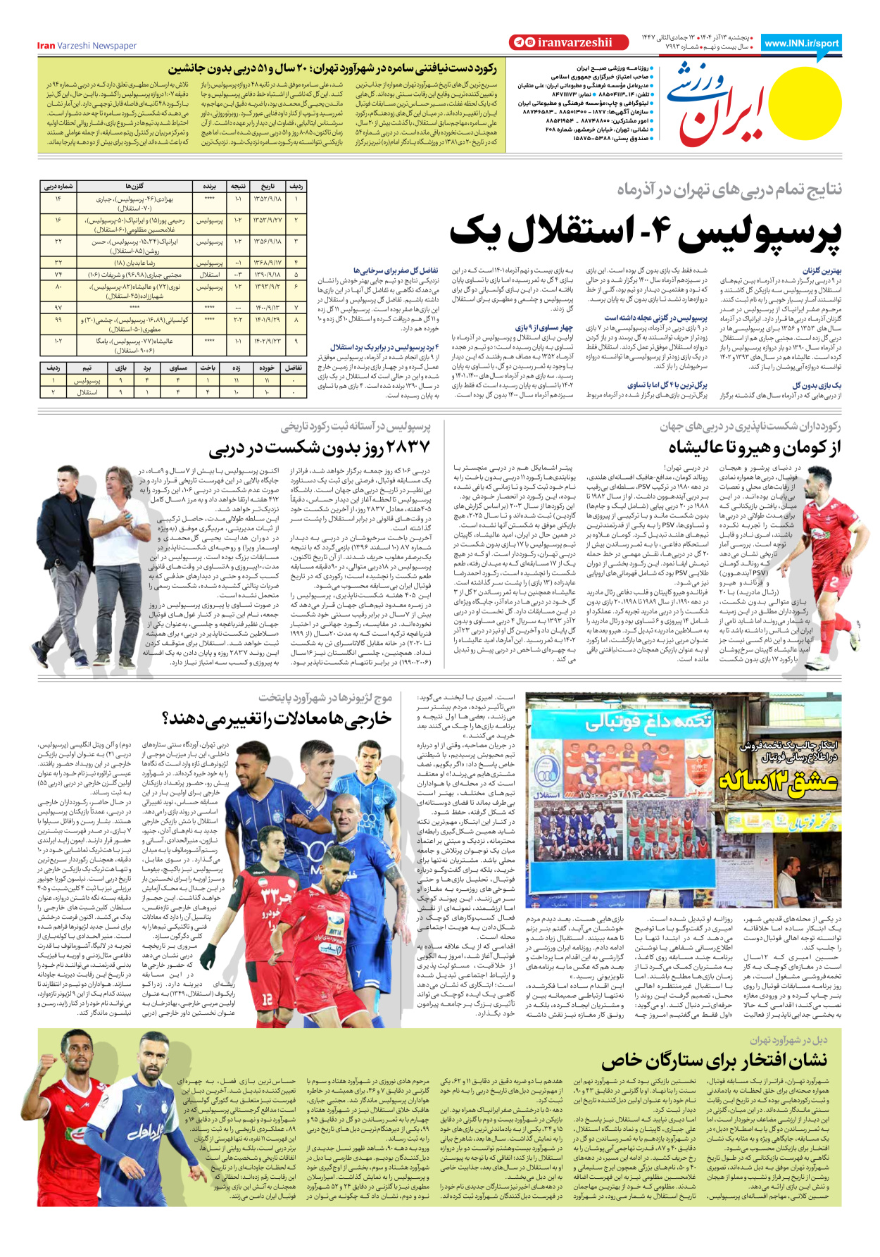 روزنامه ایران ورزشی - شماره هفت هزار و نهصد و نود و سه - ۱۳ آذر ۱۴۰۴ - صفحه ۸