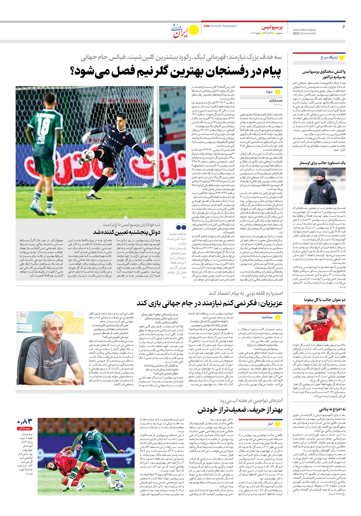 روزنامه ایران ورزشی - شماره هشت هزار و سه - ۲۵ آذر ۱۴۰۴ - صفحه ۶