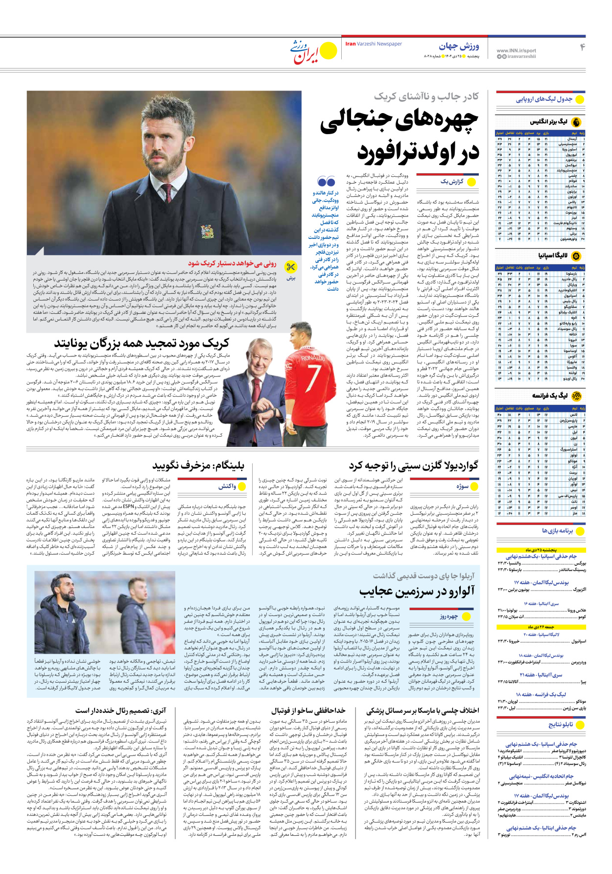 روزنامه ایران ورزشی - شماره هشت هزار و بیست و هشت - ۲۵ دی ۱۴۰۴ - صفحه ۴