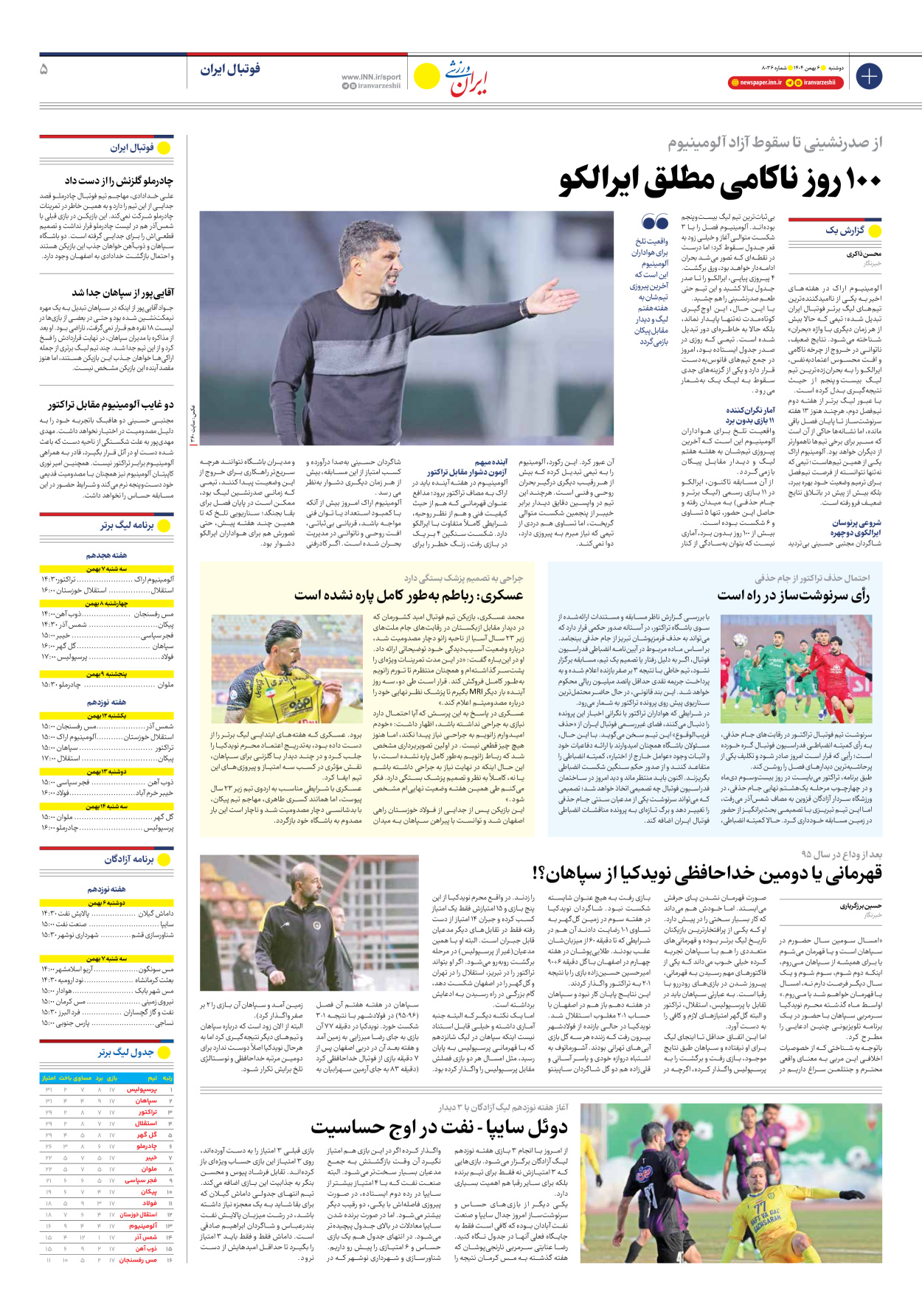 روزنامه ایران ورزشی - شماره هشت هزار و سی و شش - ۰۶ بهمن ۱۴۰۴ - صفحه ۵