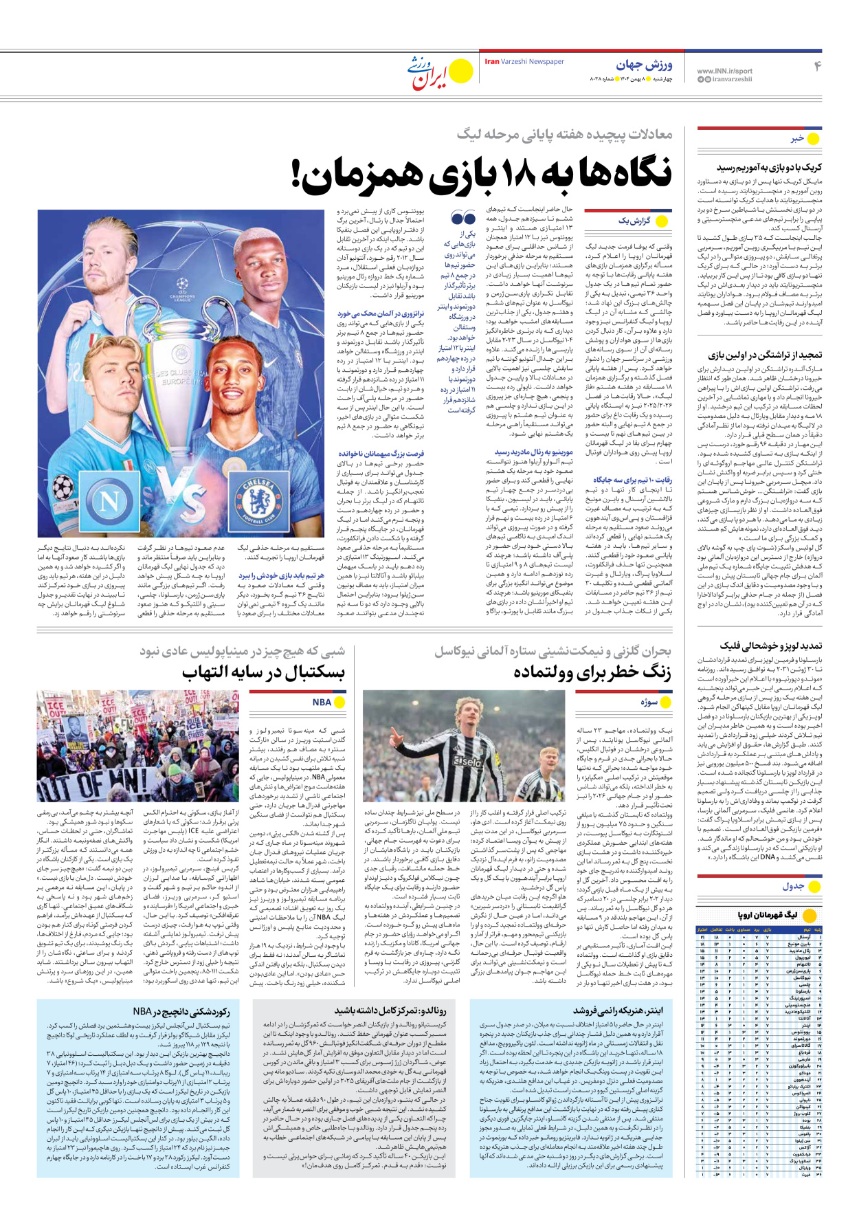 روزنامه ایران ورزشی - شماره هشت هزار و سی و هشت - ۰۸ بهمن ۱۴۰۴ - صفحه ۴