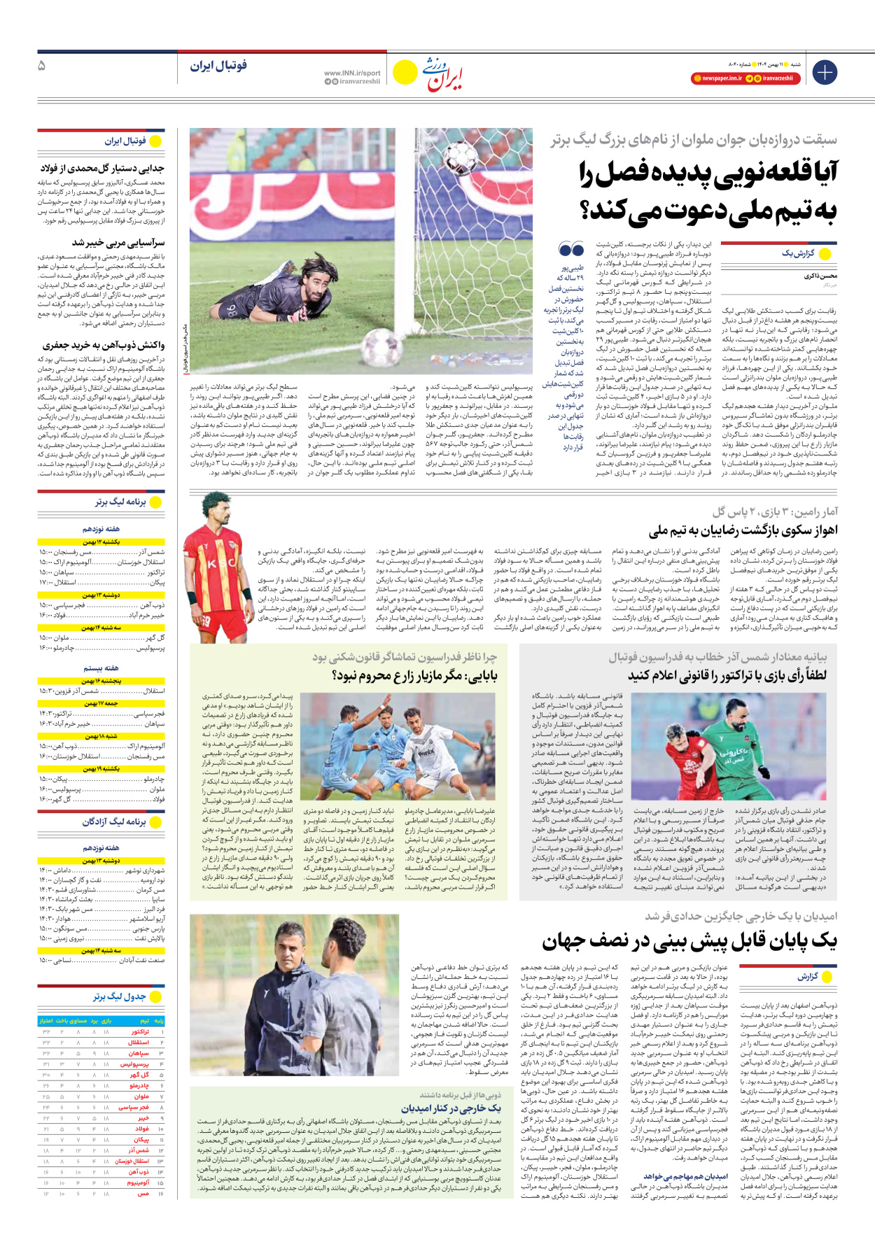 روزنامه ایران ورزشی - شماره هشت هزار و چهل - ۱۱ بهمن ۱۴۰۴ - صفحه ۵