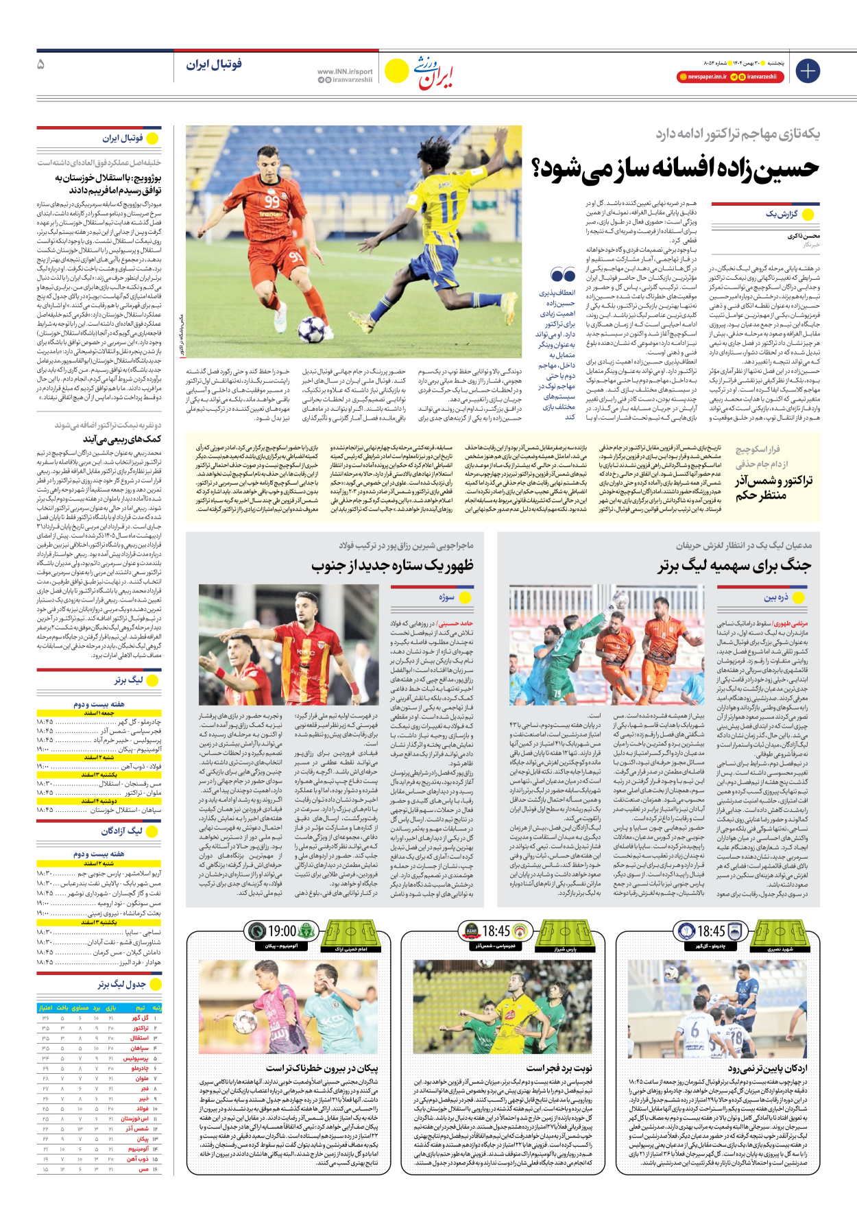 روزنامه ایران ورزشی - شماره هشت هزار و پنجاه و چهار - ۳۰ بهمن ۱۴۰۴ - صفحه ۵