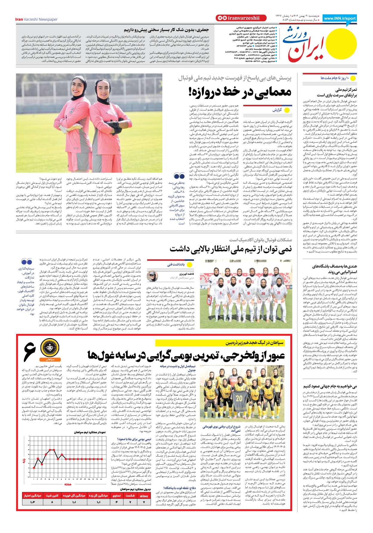 روزنامه ایران ورزشی - شماره هشت هزار و پنجاه و چهار - ۳۰ بهمن ۱۴۰۴ - صفحه ۸