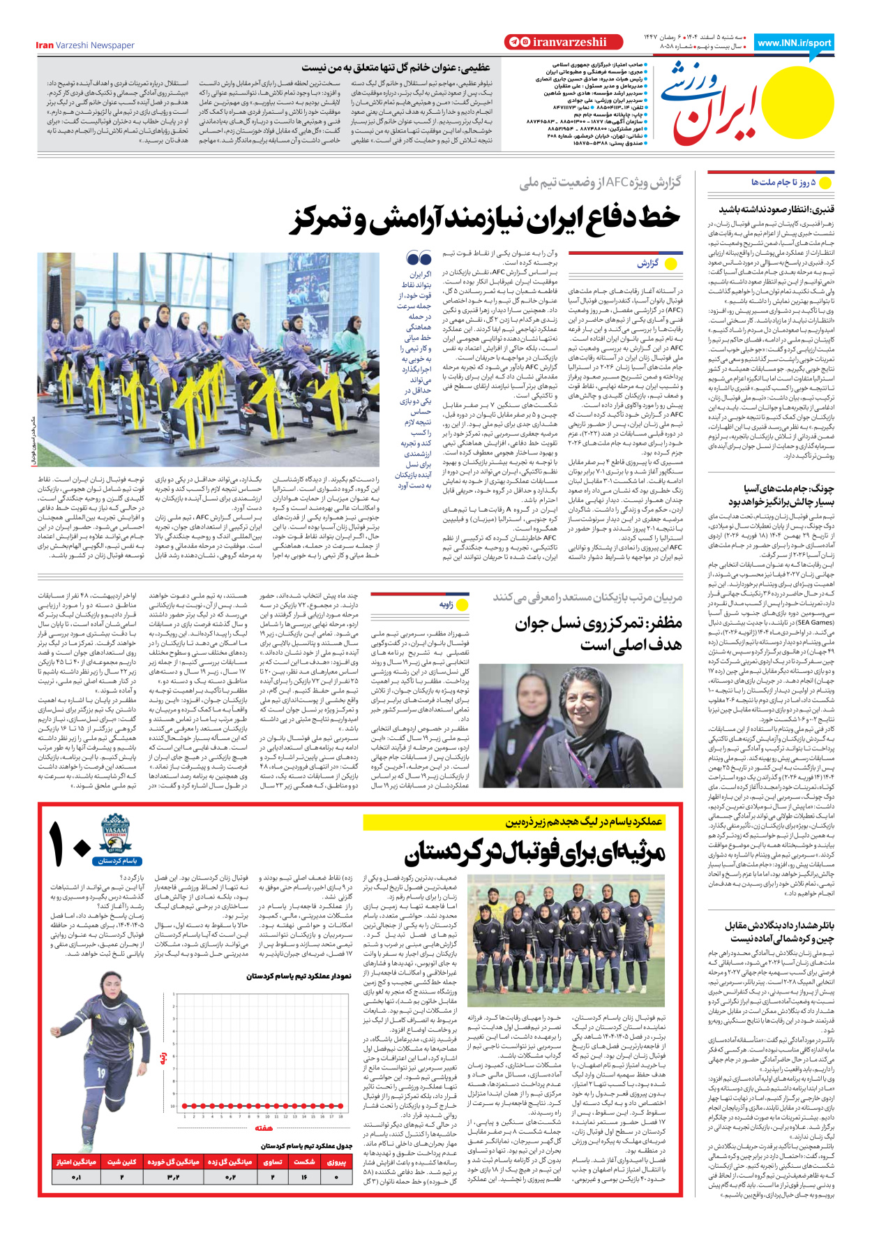 روزنامه ایران ورزشی - شماره هشت هزار و پنجاه و هشت - ۰۵ اسفند ۱۴۰۴ - صفحه ۸